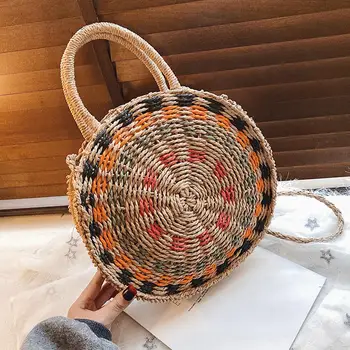 

Women Handmade Woven Round Straw Shoulder Bags Summer Beach Travel Purse Totes Fashion Shoulder Messenger Bag Handbags