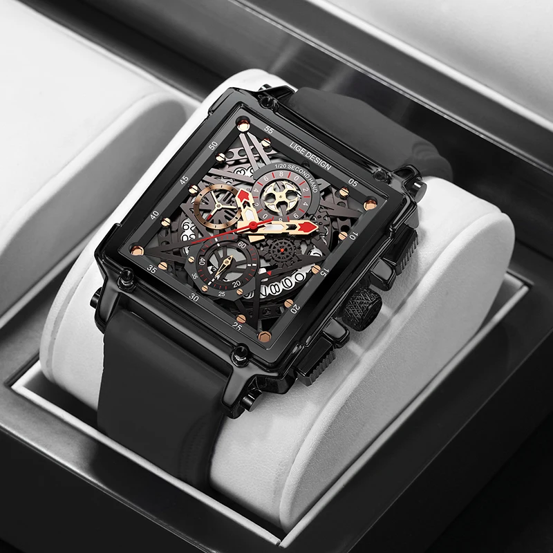 2021 New Men Watch LIGE Top Brand Luxury Waterproof Quartz Square Wristwatche For Men Date Sport Hollow Clock Male Zegarek Meski 