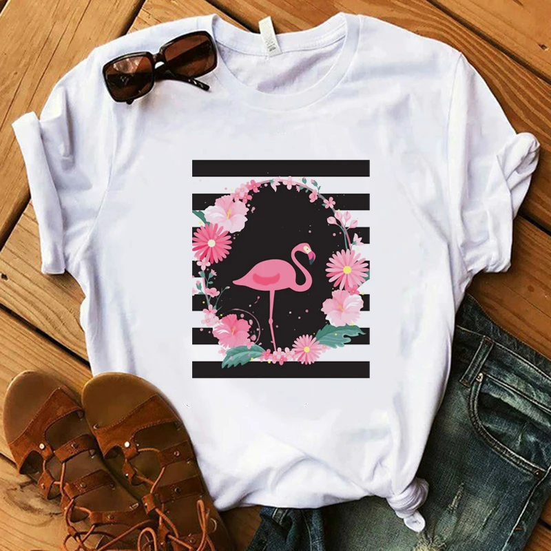 

Summer T Shirt Women Harajuku Printing Flamingo Casual Fashion Women Tshirt White Tops Female Clothing Short Sleeve T-shirt tees