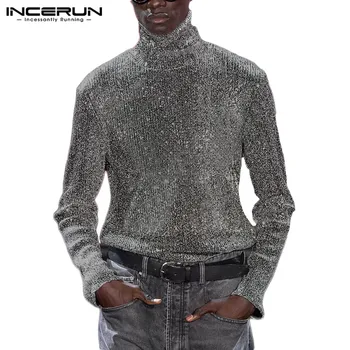 

2020 Fashion Men T Shirt Turtleneck Long Sleeve Shiny Fabric Party Nightclub T-shirts Men Streetwear Camisetas S-5XL INCERUN