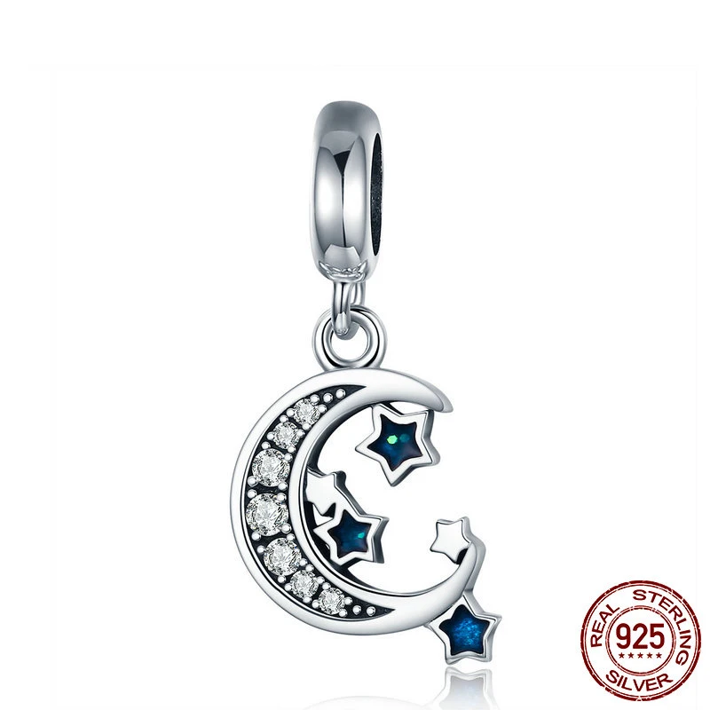 

Genuine 925 Sterling Silver Beads Sparkling Sky Moon & Star Clear CZ Charms fit Original Pandora Bracelets Women DIY Jewelry