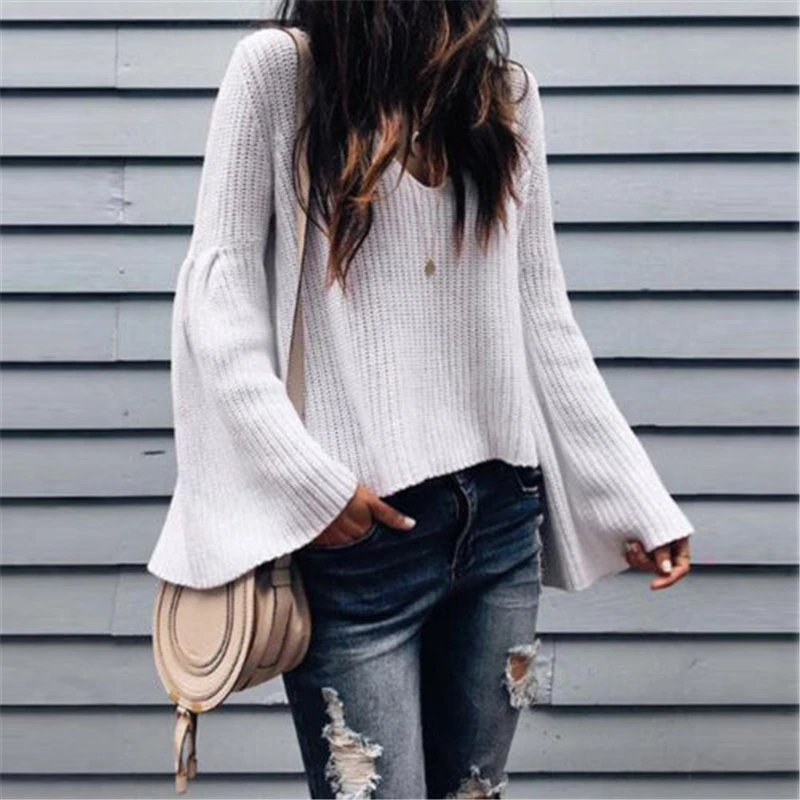 

Women's Sweater Women Long Sleeve Sweater Flared Sleeve Pullover Jumper Solid Ladies Sweaters Vintage Womens Pullovers