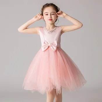

Girl's formal dress O neck sleeveless short ponchos piano show host summer princess birthday ceremony wedding flower girl dress