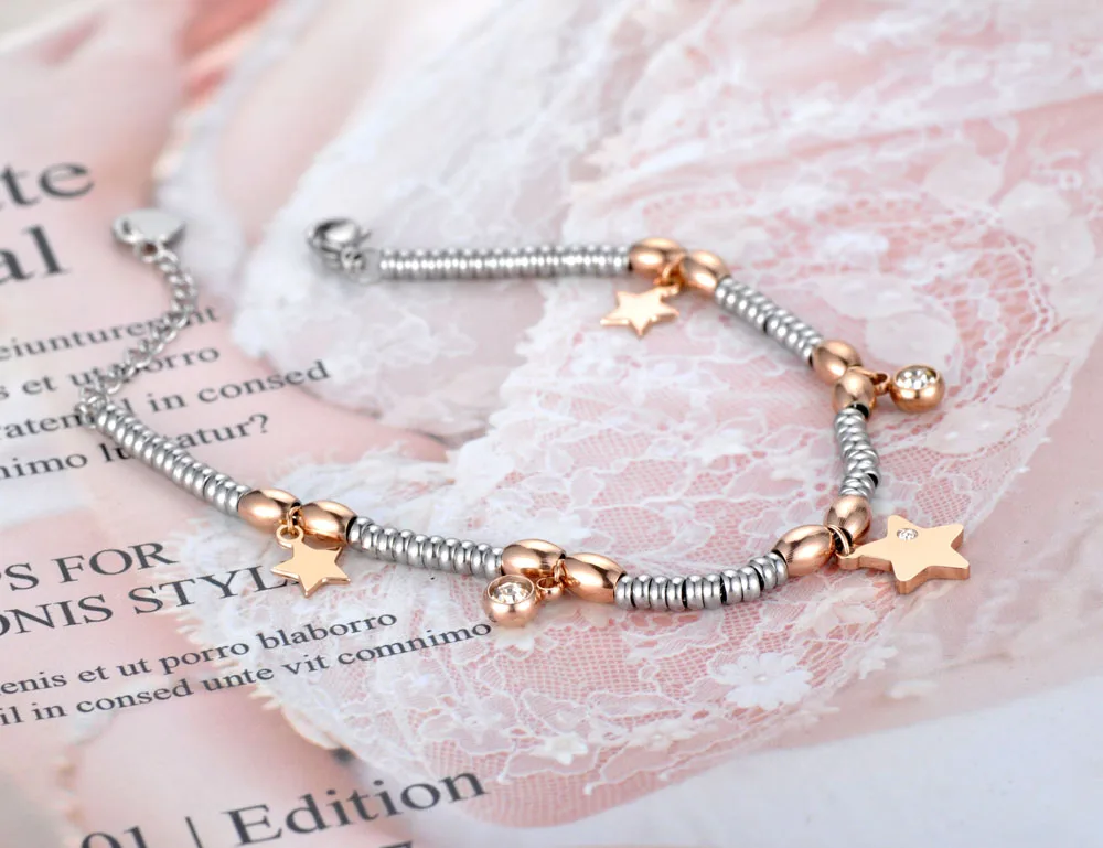 Lokaer титановая Нержавеющая Сталь CZ Кристалл& Очаровательные браслеты со звездочками для женщин девушек цепь из розового золота& ювелирные изделия с бриллиантами B19105