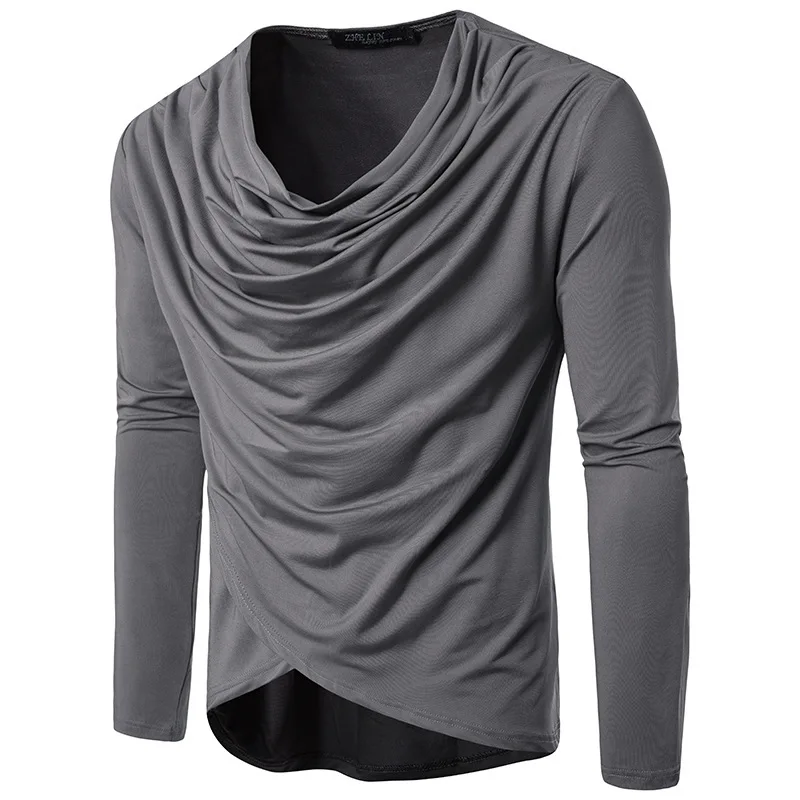 

Autumn Men's Hip Hop Irregular Heap Collar Long-sleeved T-shirt Solid Color Thin Large Size T-shirt