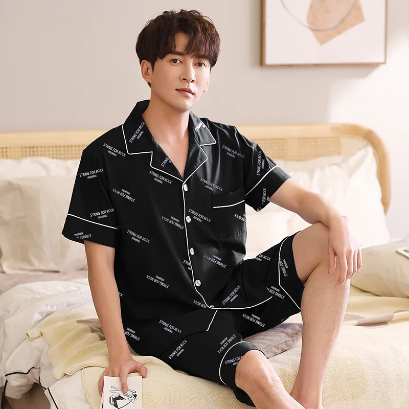 

Summer Men Shorts Pajama Set Cotton Sleepwear Black Loungewear Pijama Hombre 2Pcs PJ Home Clothes Cotton Pyjama Homme Plus Size