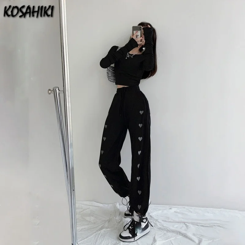 Heart Embroidery Pants Womens High Waist Solid Harem Style Sweatpants 1