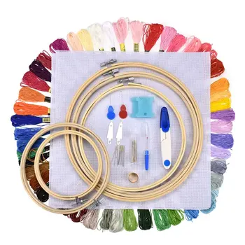 

5pcs Bamboo Cross Stitch Embroidery Hoops + 50 Colors Threads Scissors Needles Sewing Accessories For Embroidery Starter Kit