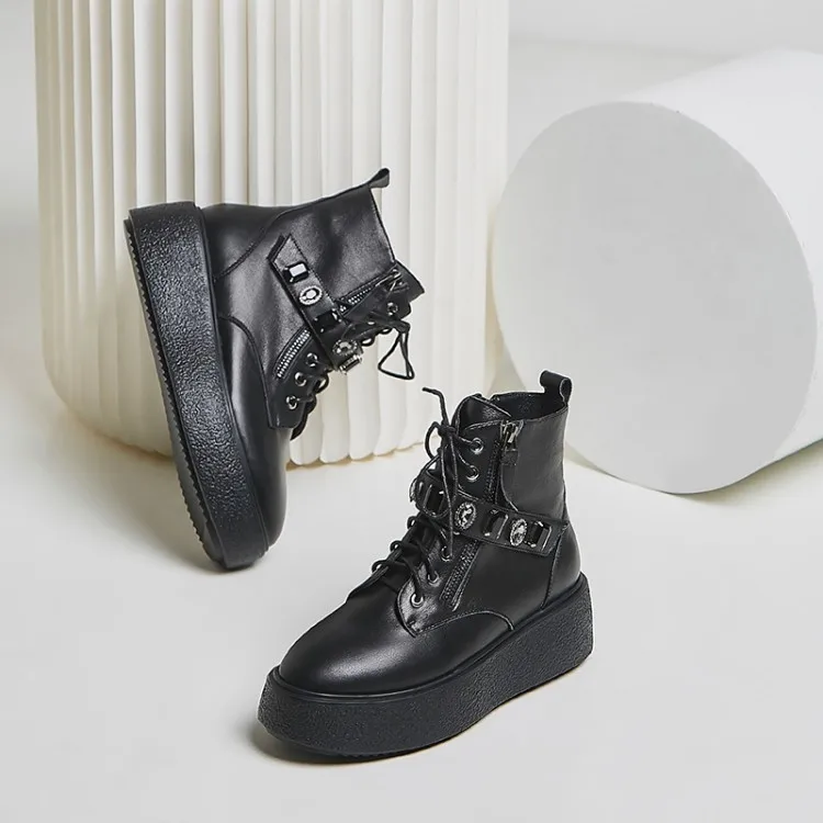 MLJUESE/ г.; женские ботильоны из телячьей кожи; Цвет Черный; женские зимние ботинки для верховой езды на шнуровке, украшенные кристаллами; короткие плюшевые ботинки с круглым носком