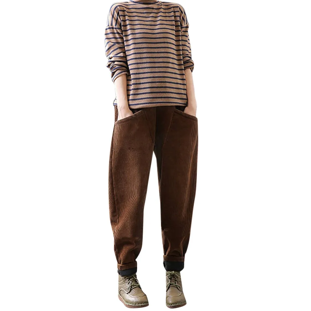 Женские зимние брюки, вельветовые брюки с карманами для отдыха, брюки с высокой талией, свободные длинные брюки, женские брюки, женские брюки# BY20 - Цвет: Brown