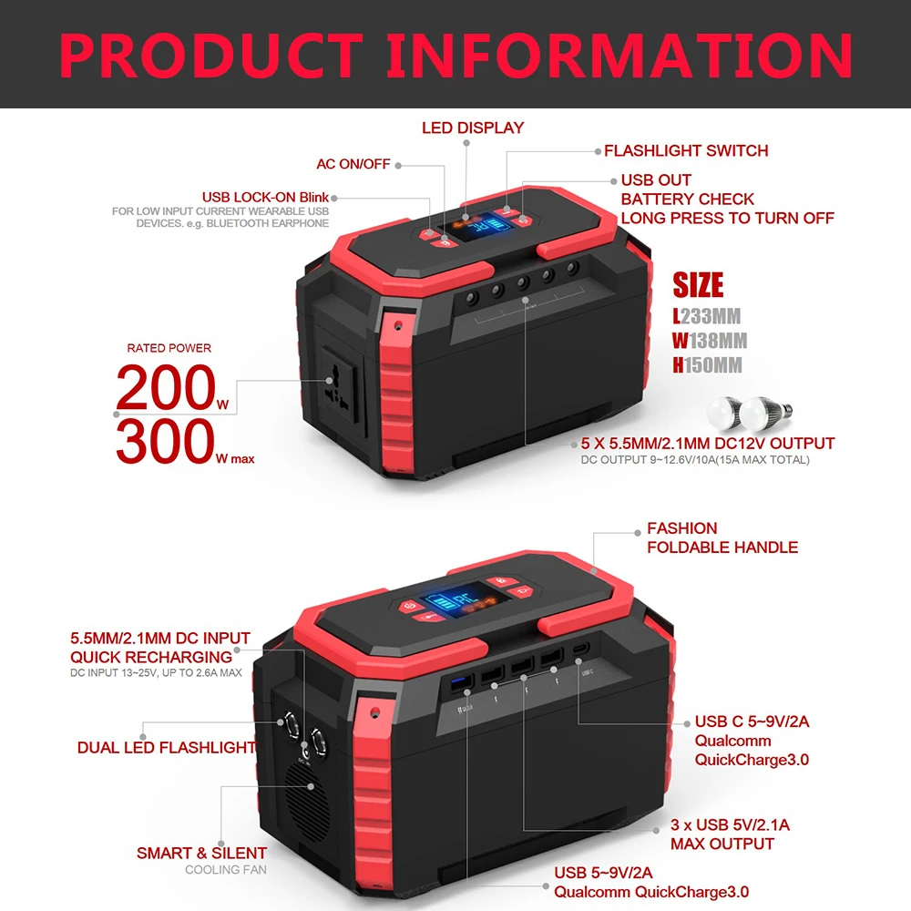 US $130.80 300W Power Station 60000mAh USB SOS Handled AC DC USB LED Convertible Uninterrupted Power Supply Ups Household For Camping