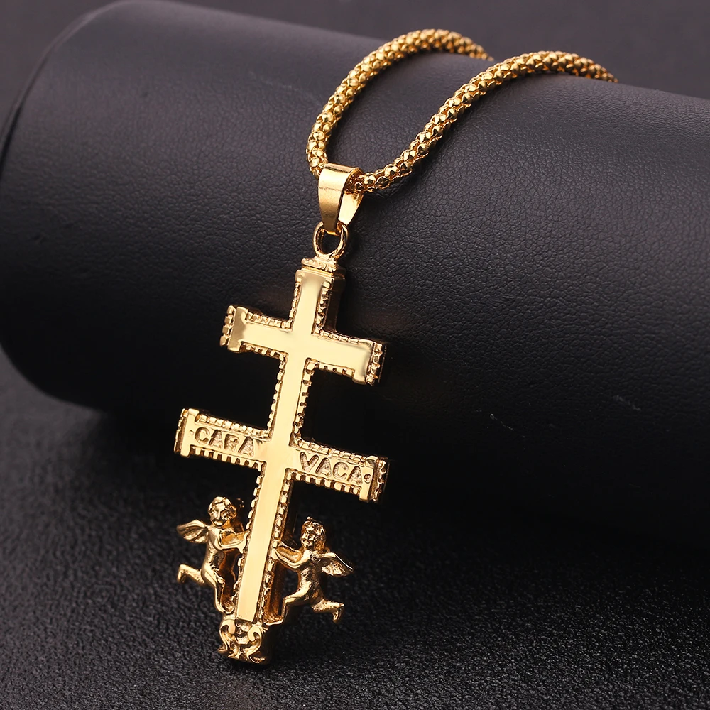 Золотого цвета, католический Каравака, распятие, ортодоксальный крест, кулон, ожерелье, Херувим, ангел, лучшее христианское ожерелье для мужчин и женщин - Окраска металла: big cross