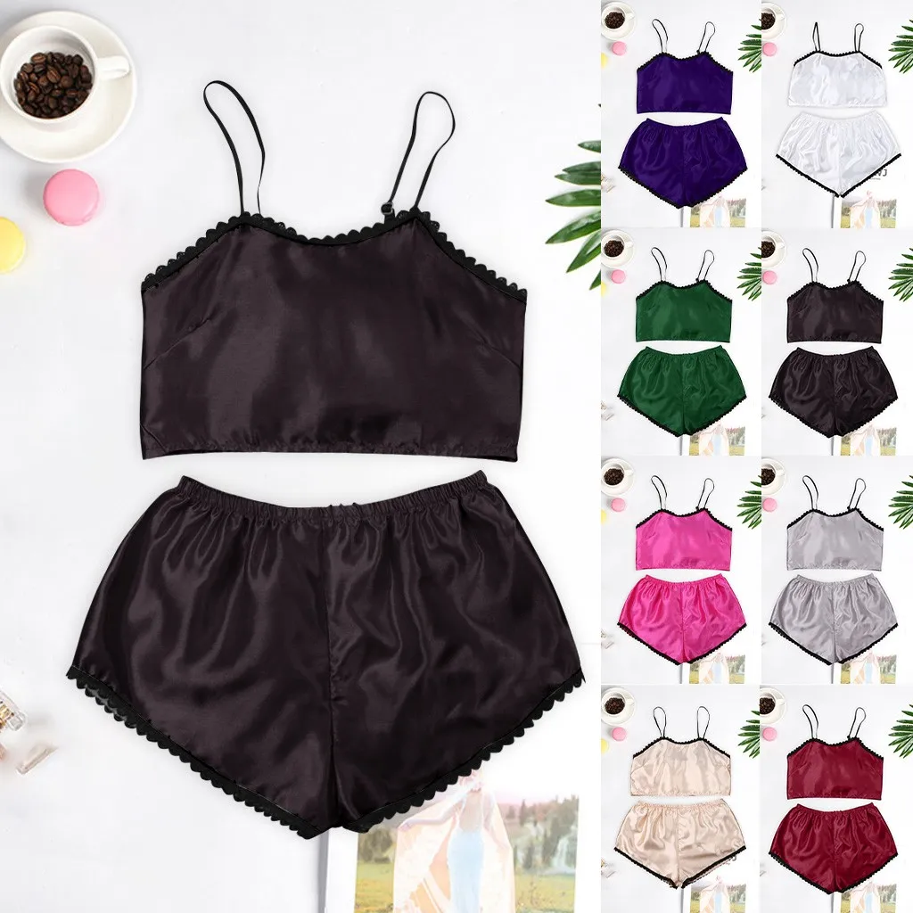 

pajamas set New Satin Silk Pajamas Nightdress Lingerie Sleepwear Set Nightwear Underwear nightshirts for women cotton camisola