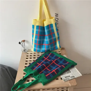 

Fashion Women Woolen Knitting Shopping Bags Plaid Numbers Female Large Capacity Big Tote Handbag Foldable Casual Shoulder Bag