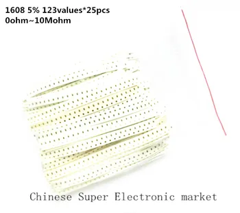

SMD 1608 (0603). Resistor Kit 5% 123values*25pcs=3075pcs 0ohm~10Mohm chip Resistor Assorted Samples kit