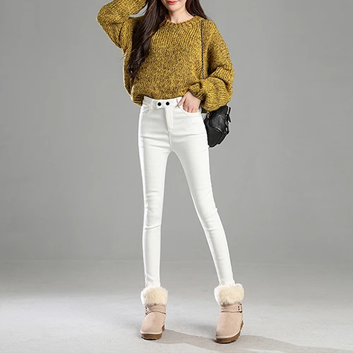 Зимние плотные узкие брюки женские зимние теплые обтягивающие женские брюки с бархатной подкладкой однотонные тонкие женские брюки больших размеров черные - Цвет: White velvet