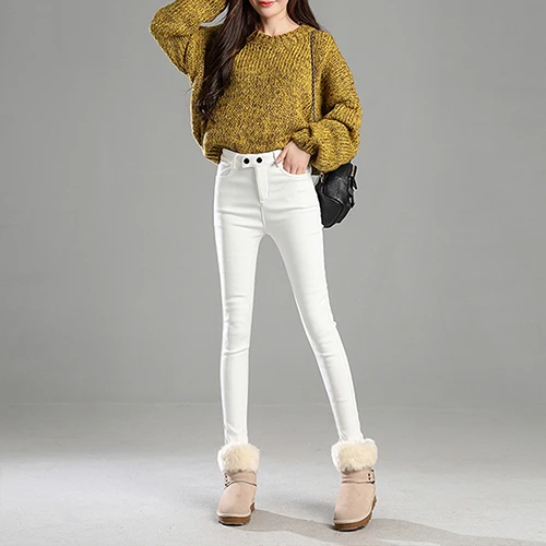 White velvet Зимние плотные узкие брюки женские зимние теплые обтягивающие женские брюки с бархатной подкладкой однотонные тонкие женские брюки больших размеров черные - Цвет: White velvet
