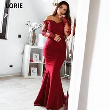

LORIE 2020 Burgundy Formal Mermaid Evening Dresses Long Sweetheart Elegant Lace Appliques Satin Off The Shoulder Prom Party Gown