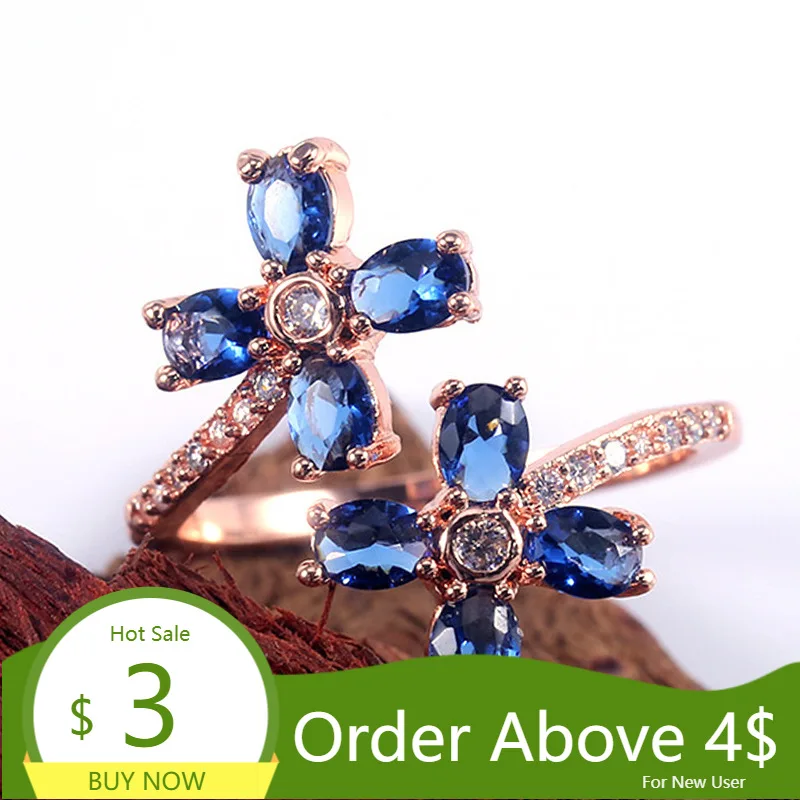 Visisap Adjustable Opening Double Flower Blue Stone Rings for Women Sweet Cute Lady Accessories Ring High Quality Jewelry B2896 | Украшения