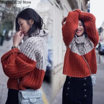 

Big Cousin Liu Wen Sweater Female Spell Color Thick Needle Thick Section Pullover Gao Collar Knitting Sweater