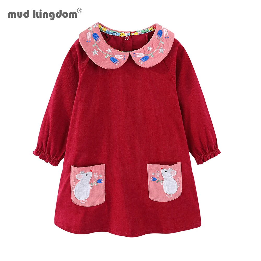 

Mudkingdom Children Peter Pan Collar Dress 2020 Autumn Dress Kids Pocket Corduroy Dress Animal Mouse Dresses