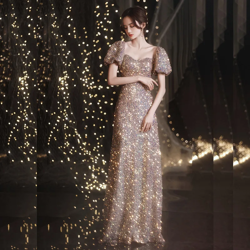

Sexy Elegant Adjustable Sleeves Sequins A-Line Evening Dress Back Bandage Women Formal Gowns Robe De Soiree Cheongsam Size 3XL