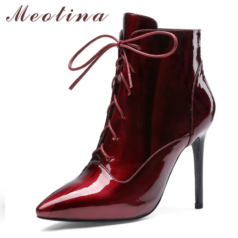 

Meotina Winter Ankle Boots Women Natural Genuine Leather Thin Heel Short Boots Lace Up Extreme High Heel Shoes Lady Autumn 34-39