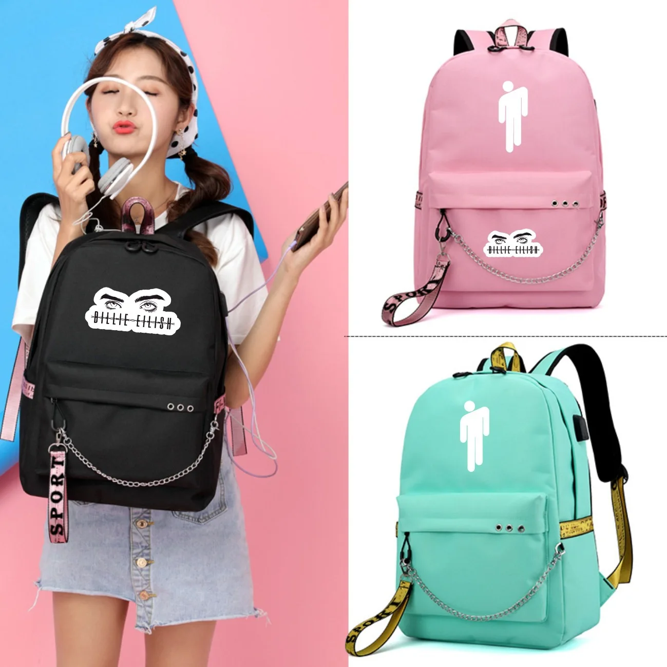 Горячая Billie Eilish Рюкзак Школьные сумки kpop Mochila дорожные ноутбук рюкзак с цепочкой