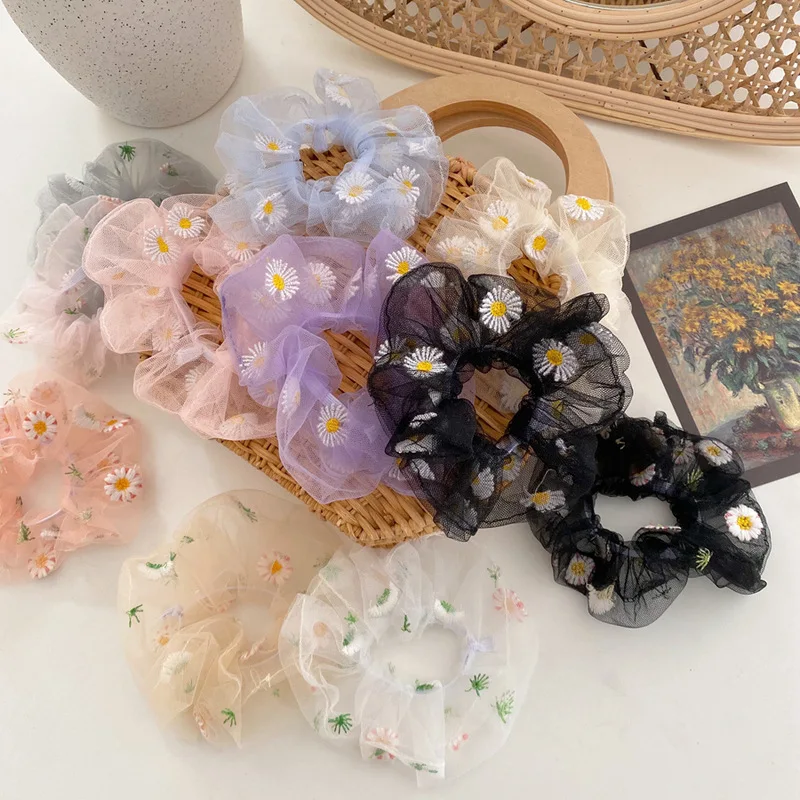Summer Korean Flower Girl Scrunchie Mesh Elastic Hair Band Ponytail Holder Ties Rope Headband Women Accessories |