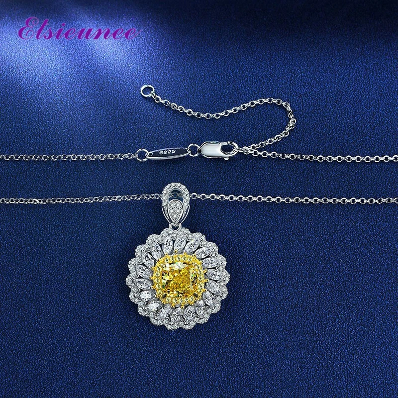

ELSIEUNEE 100% Solid 925 Silver Simulated Moissanite Citrine Gemstone Necklace Luxury Fine Jewelry Pendant Necklaces Wholesale