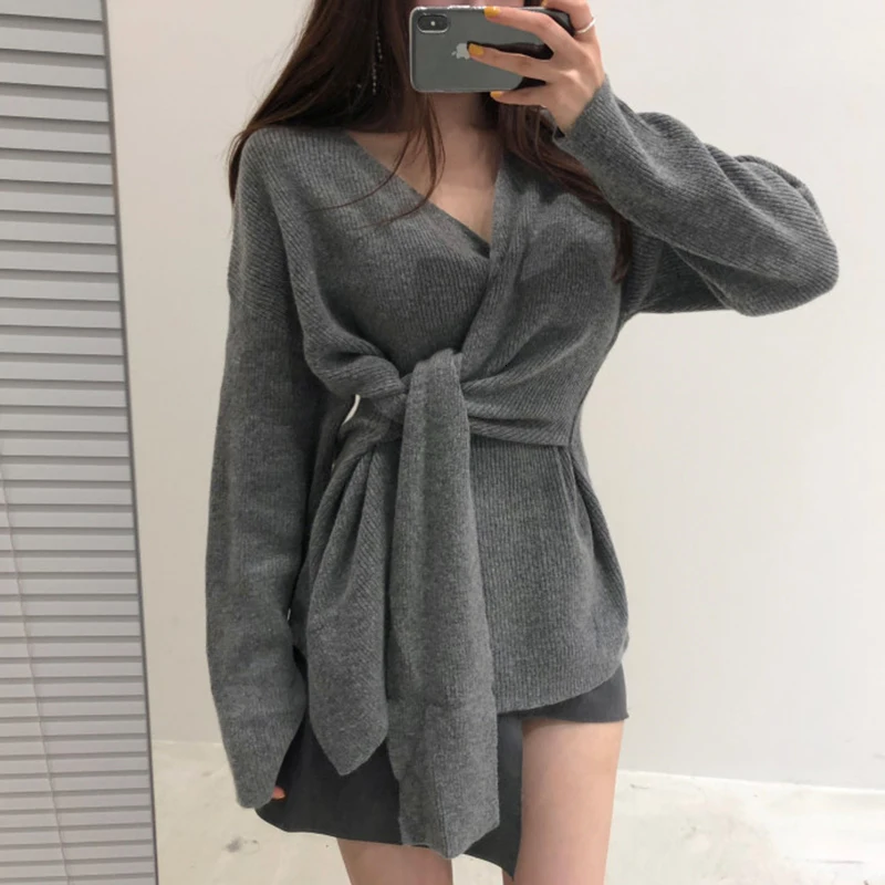 Модный женский элегантный тонкий свитер с v-образным вырезом и шнуровкой джемпер