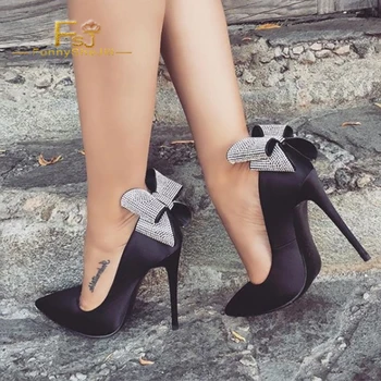 

Elegant Lady Evening Shoes Black Satin Pointy Toe Women High Heels Slip on Stiletto Rhinestone Bow Heels Pumps Women Party Shoes