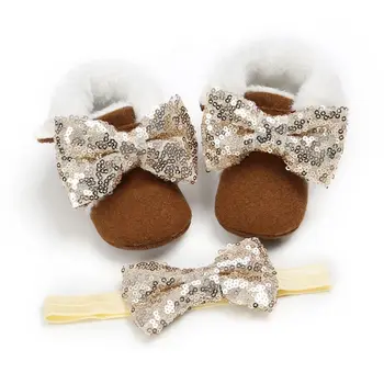 

Baby Girl Shoes Cute Infants Sequin Bow Princess Shoes Headwear Headband Photography Props 2pcs Set Newborn Cute Shoes