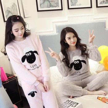 

XIZOU Women pajamas set Women Pyjamas Thick Flannel Cute Sheep Female Warm Winter Pajama Set Long Sleeve Full Trousers Two Piece