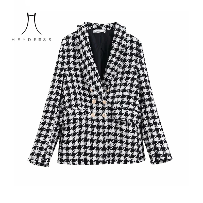 

Heydress Women Autumn Long Sleeve Plaid Blazers Jackets Double Breasted Female Tweed Blazers Casual Office Lady Outwears