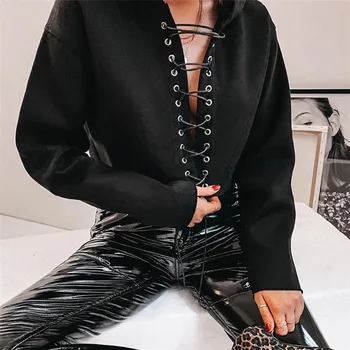 

Women Fashion Hoodies Ladies Sexy Long Sleeves Short Tops Female Casual Loose Lace-up Pullover Comfort Black Spring New