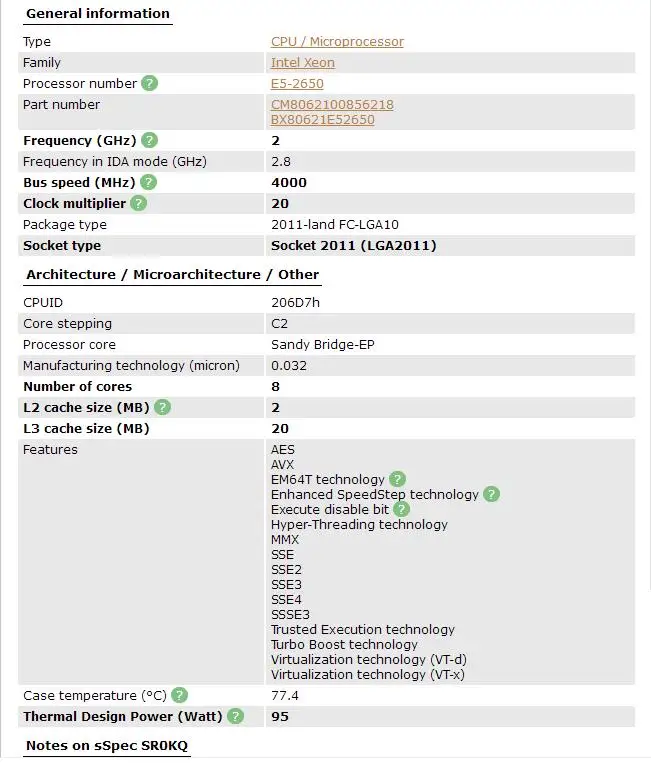 Процессор INTEL XEON E5 2650 SR0KQ C2 8 ядер 2,0 ГГц 20 м 8GT/s 95 Вт Процессор E5 2650-in cpu