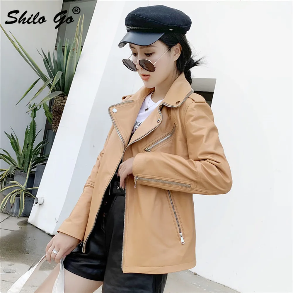 Genuine Leather Jacket Highstreet Moto Notched Neck Zip Detail Sleeve Sheepskin Coat Women Autumn Casual Slim Outwear Female