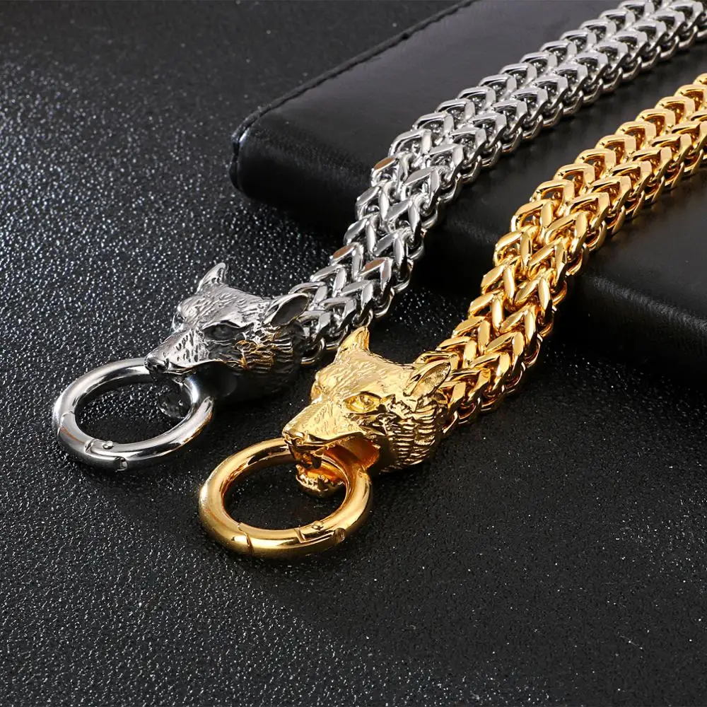 Online Brazalete con colgante de lobo vikingo de roca de calen, pulsera de acero inoxidable para hombre, cadena de malla de 20,5 cm y 22,5 cm, pulseras Punk de lobo dorado