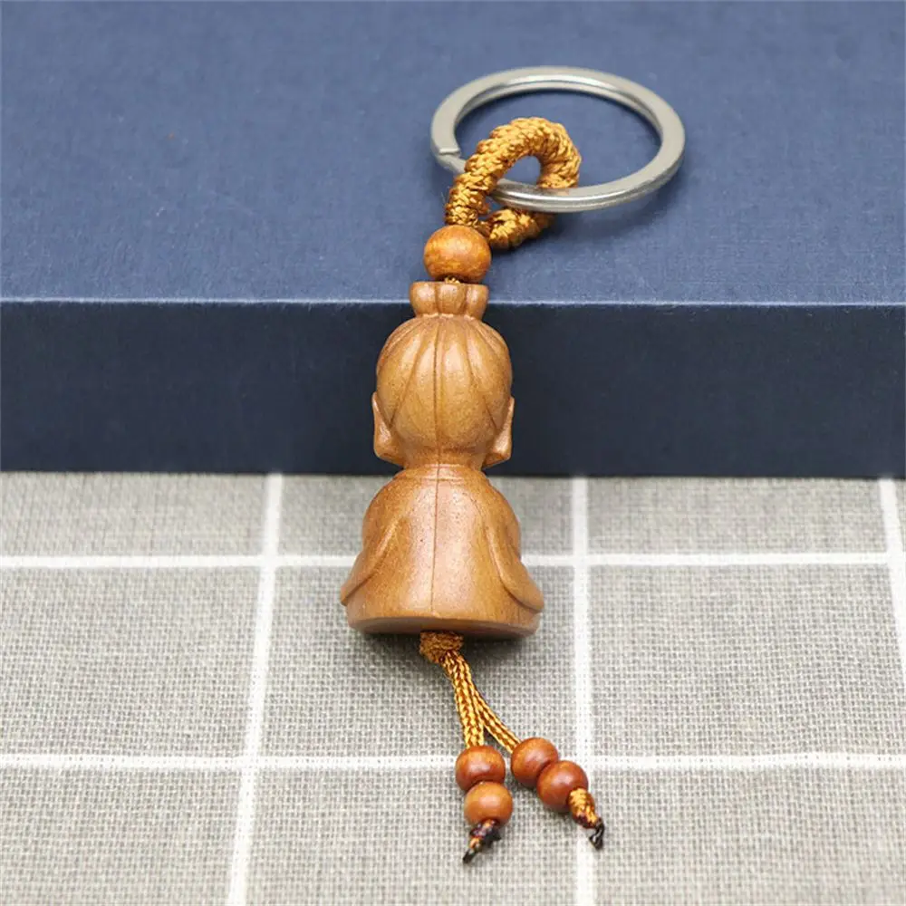 Cute Mahogany Wooden Keychain 3D Engraving Lifelike Buddha Pendant Key Ring Person Shape Key Holder Jewelry Making Accessories
