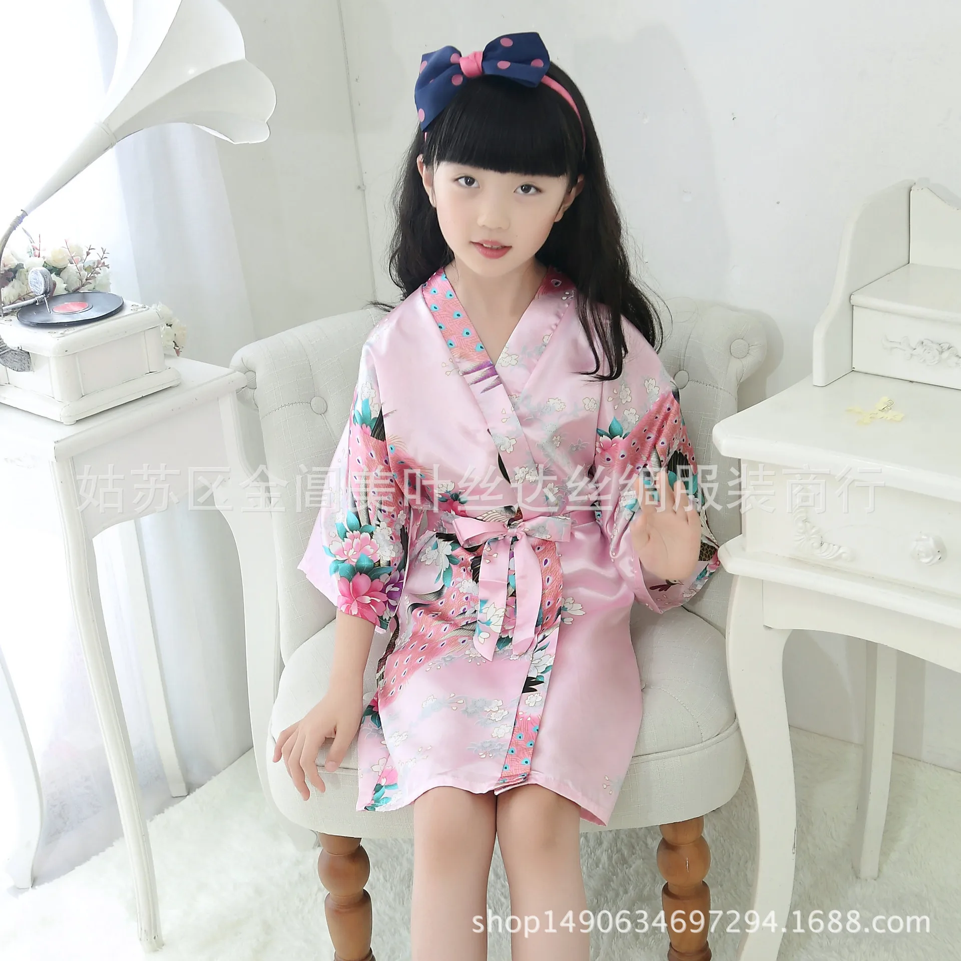 Silk Children One-Piece Peacock Kimono Robe Nightgown Pajamas AliExpress Hot Selling