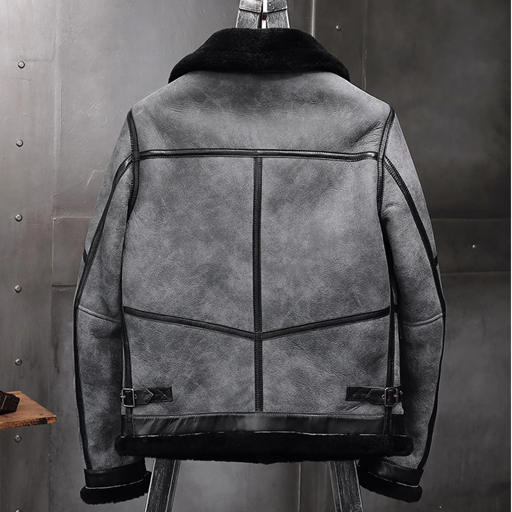 New Mens Gray B3 Shearling Jacket Sheepskin Coat Leather Jacket Fur Coat Airforce Flight Jacket