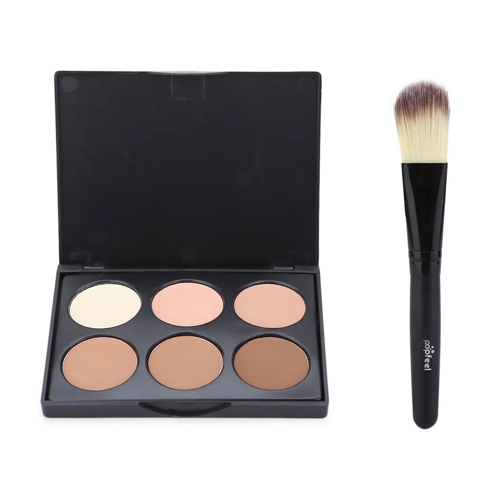 

POPFEEL Face Brush + 6 Colors Facial Pressed Powder Oil-Control Shadow Powder Brighten Foundations Makeup Powder Concealer 55g