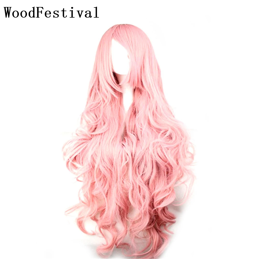Synthetic Hair Wigs Cheap 100CM Long Pink Wig With Bangs Wavy