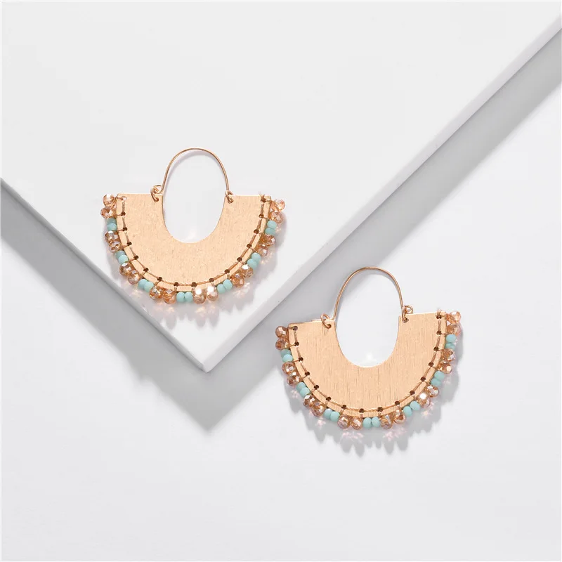 Gold Color Cryatsl Beads Earrings for Women Unique Fan Shaped Handmade Earring Bohemian Delicate Earing Wedding Jewelry