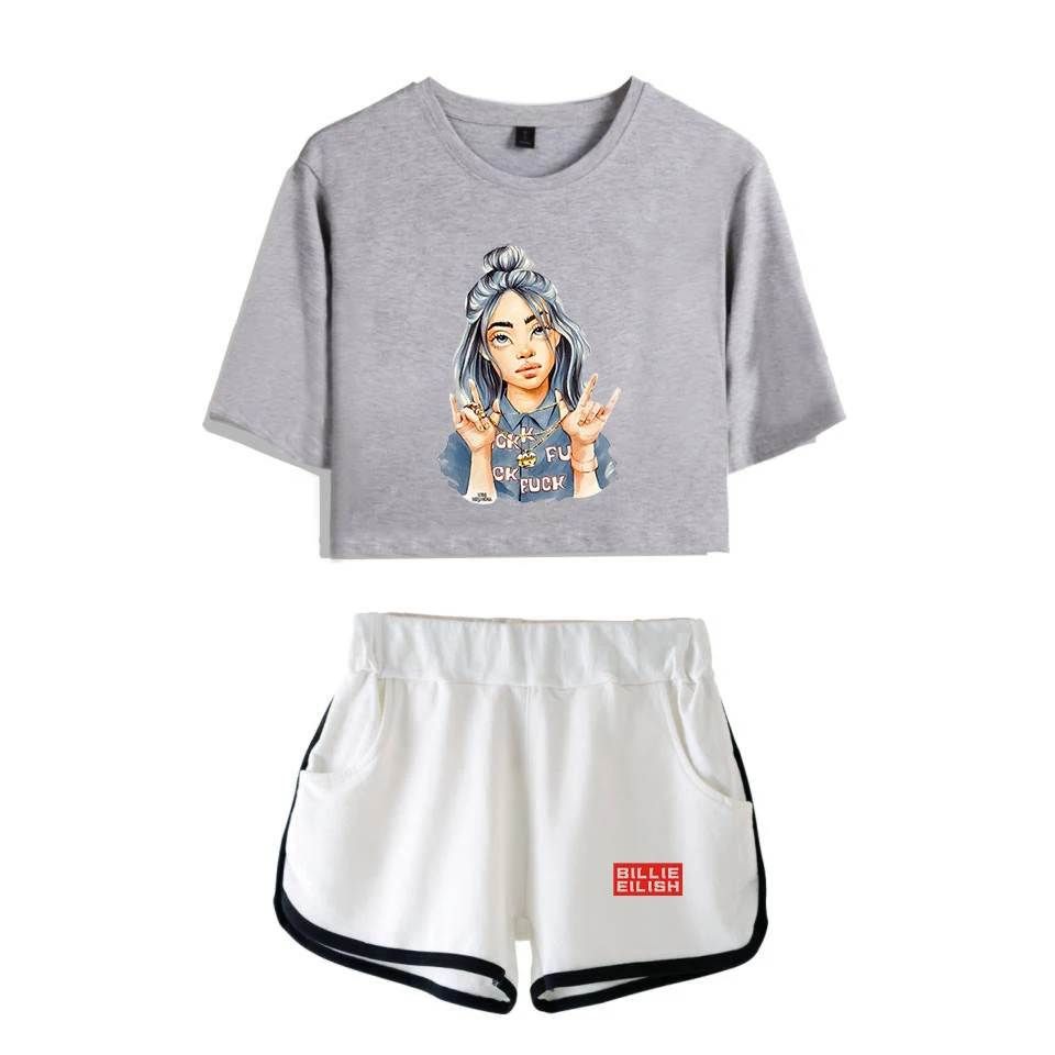 Popular new to Billie Eilish black short belly button T-shirt+ white shorts fashion women casual cotton girl two-piece
