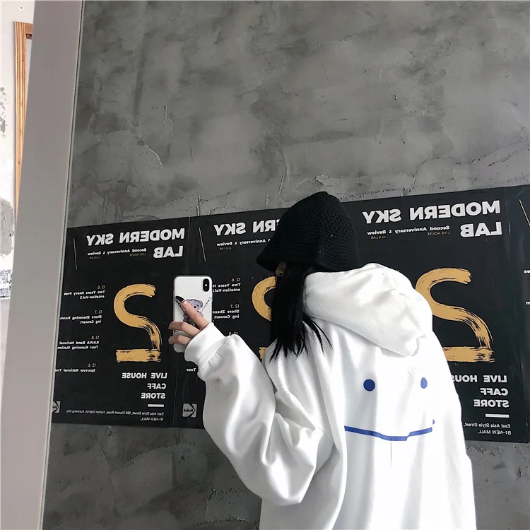 Осень/Зима с свежей синей смайликом печати плюс бархат с капюшоном Толстовка для мужчин и женщин можно носить harajuku негабаритных худи