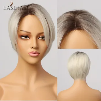 

EASIHAIR Short Brown to Blonde Ombre Hairline Part Lace Wigs for Women Synthetic Hair Wig Wigs Natural Heat Resistant Wigs