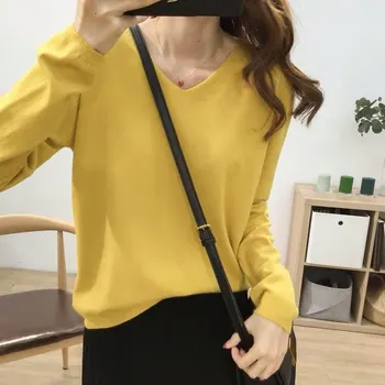 

Spring 2019 new V-neck ice silk knitwear women's top and thread sweater thin western style bottoming shirt spring