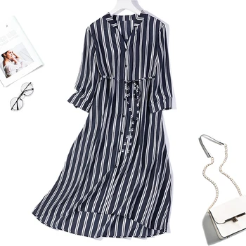 

Women's 100% Pure Silk navy stripes Long Dress 3/4 sleeve split neck with belt L XL JN394